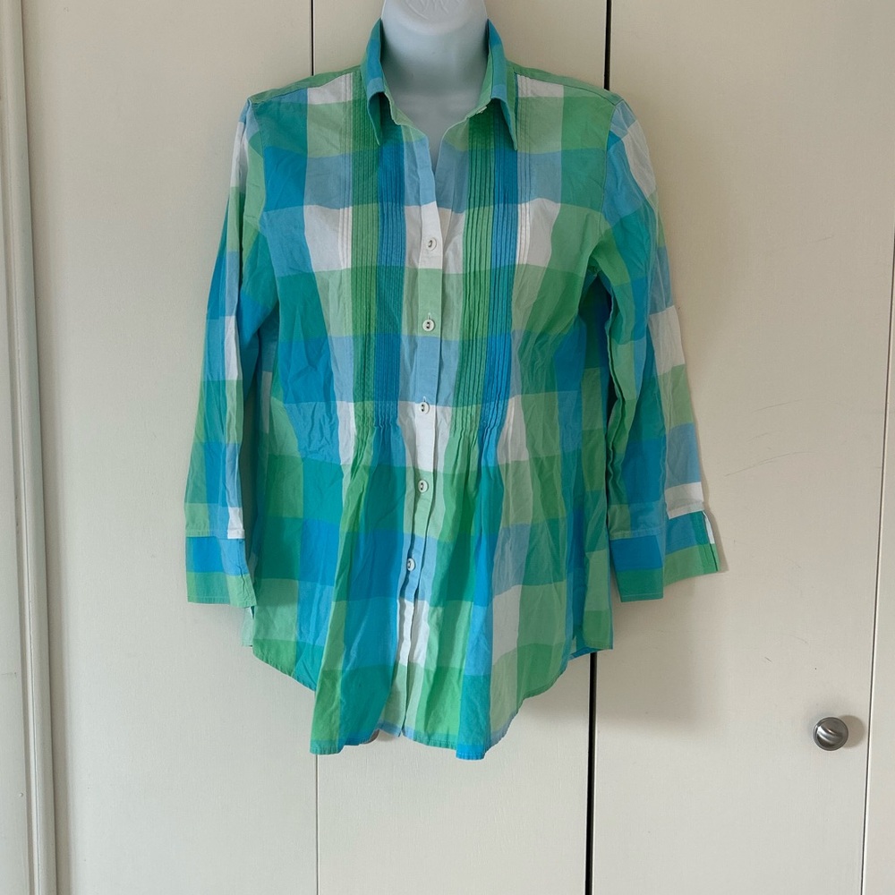 Foxcroft Cotton plaid pleated button front shirt 4